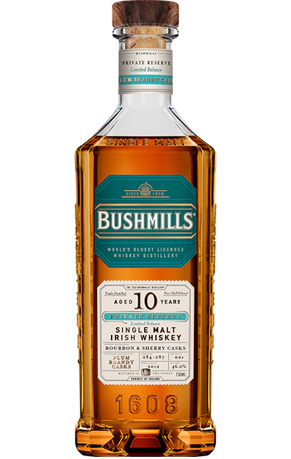 BUSHMILLS WHISKEY SINGLE MALT PLUM BRANDY CASKS PRIVATE RESERVE LIMITED RELEASE IRISH 10YR 750ML