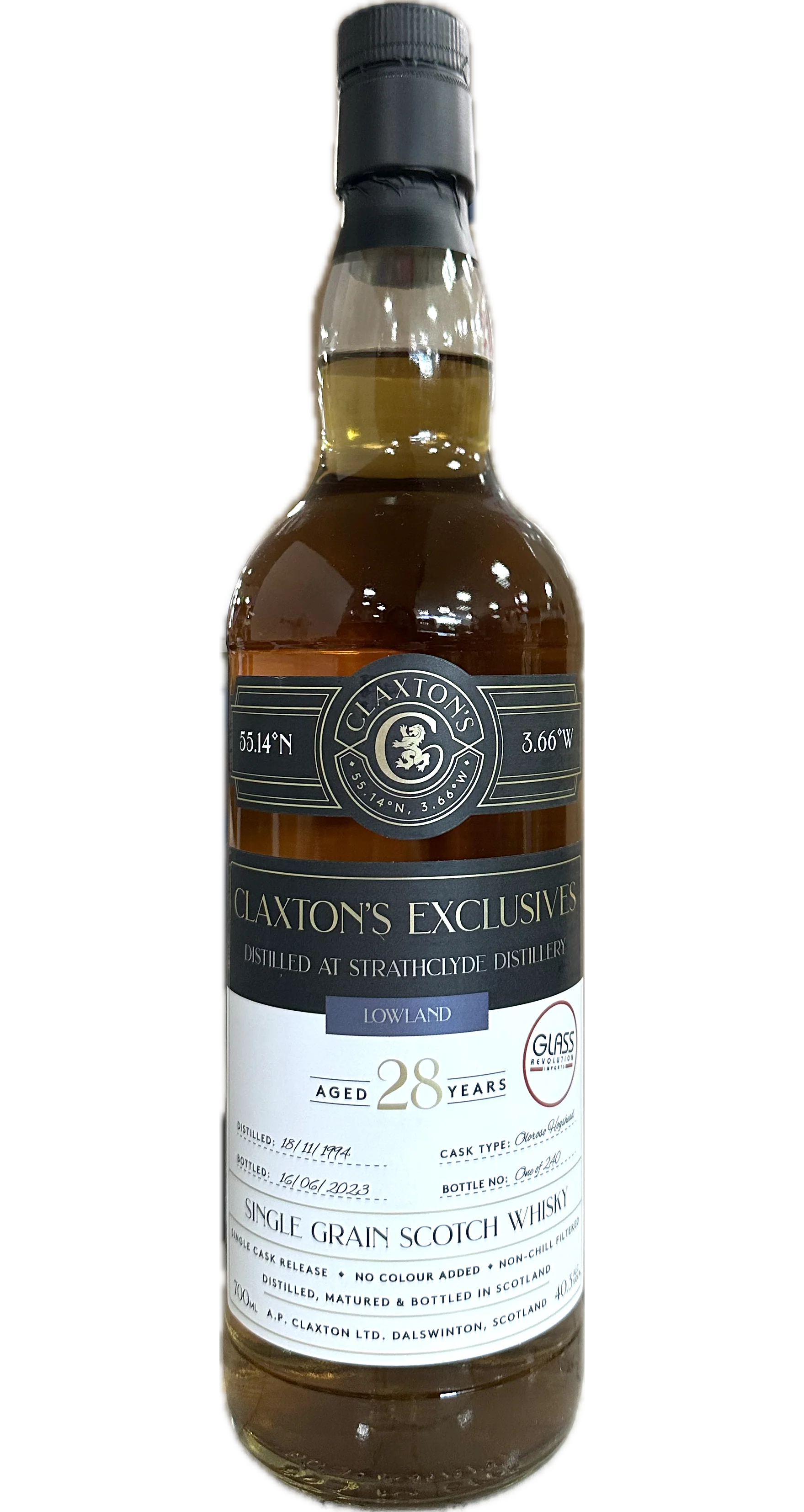 CLAXTONS EXCLUSIVES SCOTCH SINGLE GRAIN DISTILLED AT STRATHCLYDE LOWLAND 28YR 700ML