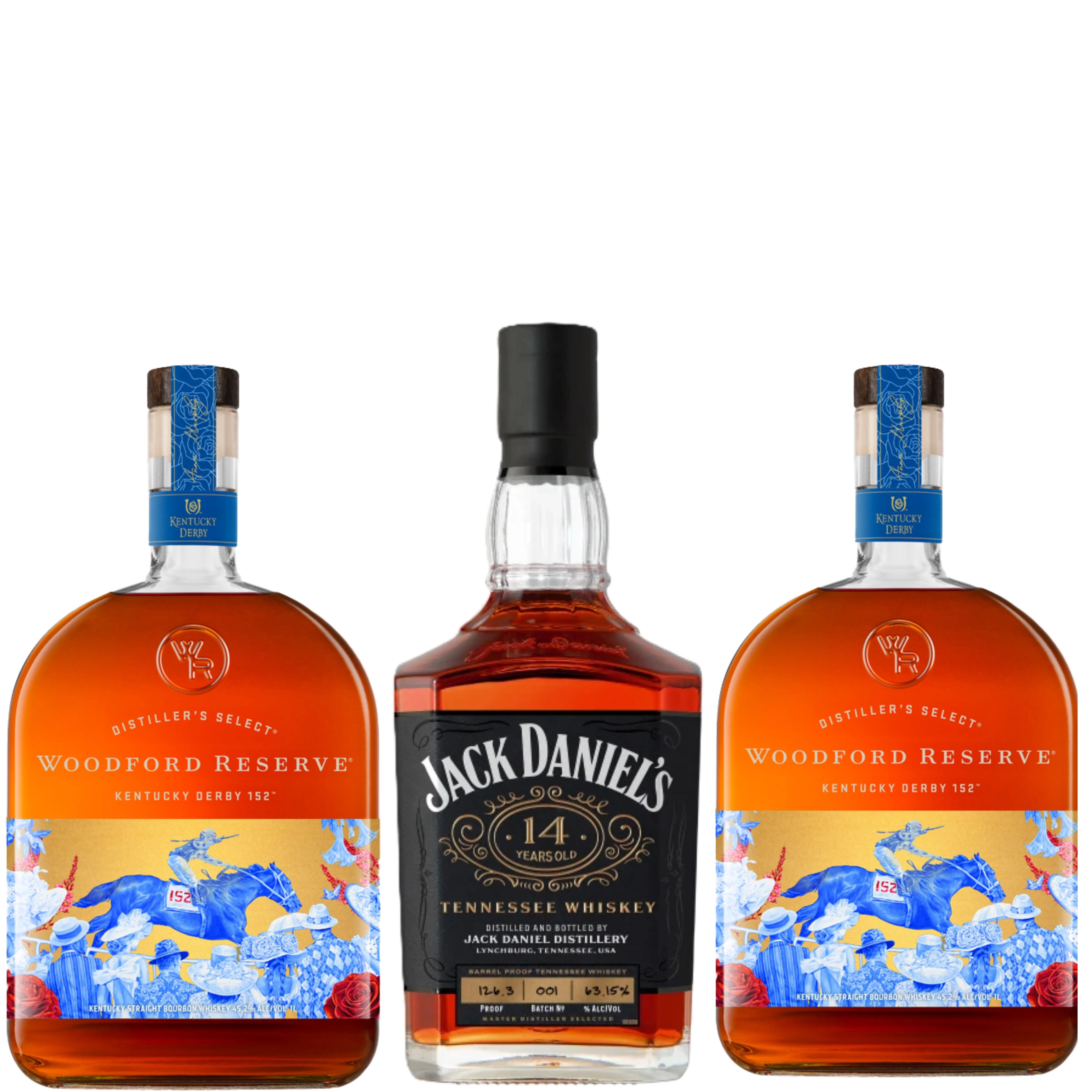 Jack Daniels Whiskey 14YR 700ML + 2 Woodford Reserve Bourbon Derby 152 Edition 1LI
