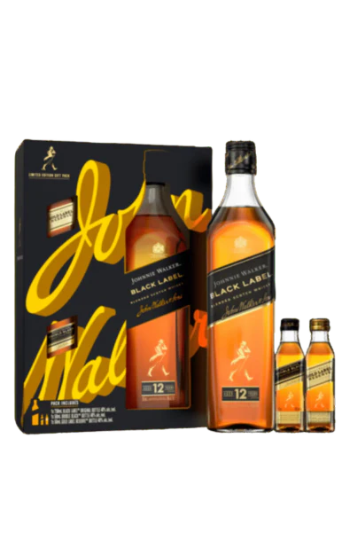JOHNNIE WALKER SCOTCH BLENDED BLACK LABEL DISCOVERY PK W/ 2 50ML GOLD & DOUBLE BLACK 12YR 750ML
