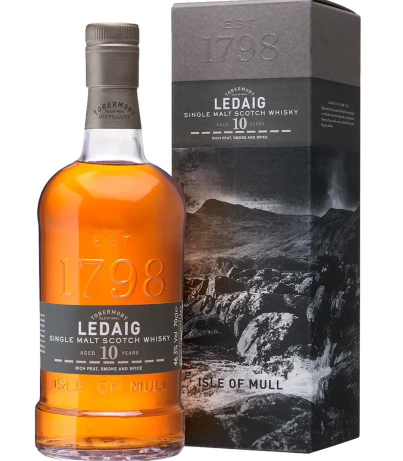 LEDAIG SCOTCH SINGLE MALT PEATED THE ISLE OF MULL UN CHILLFILTERED 10YR 750ML