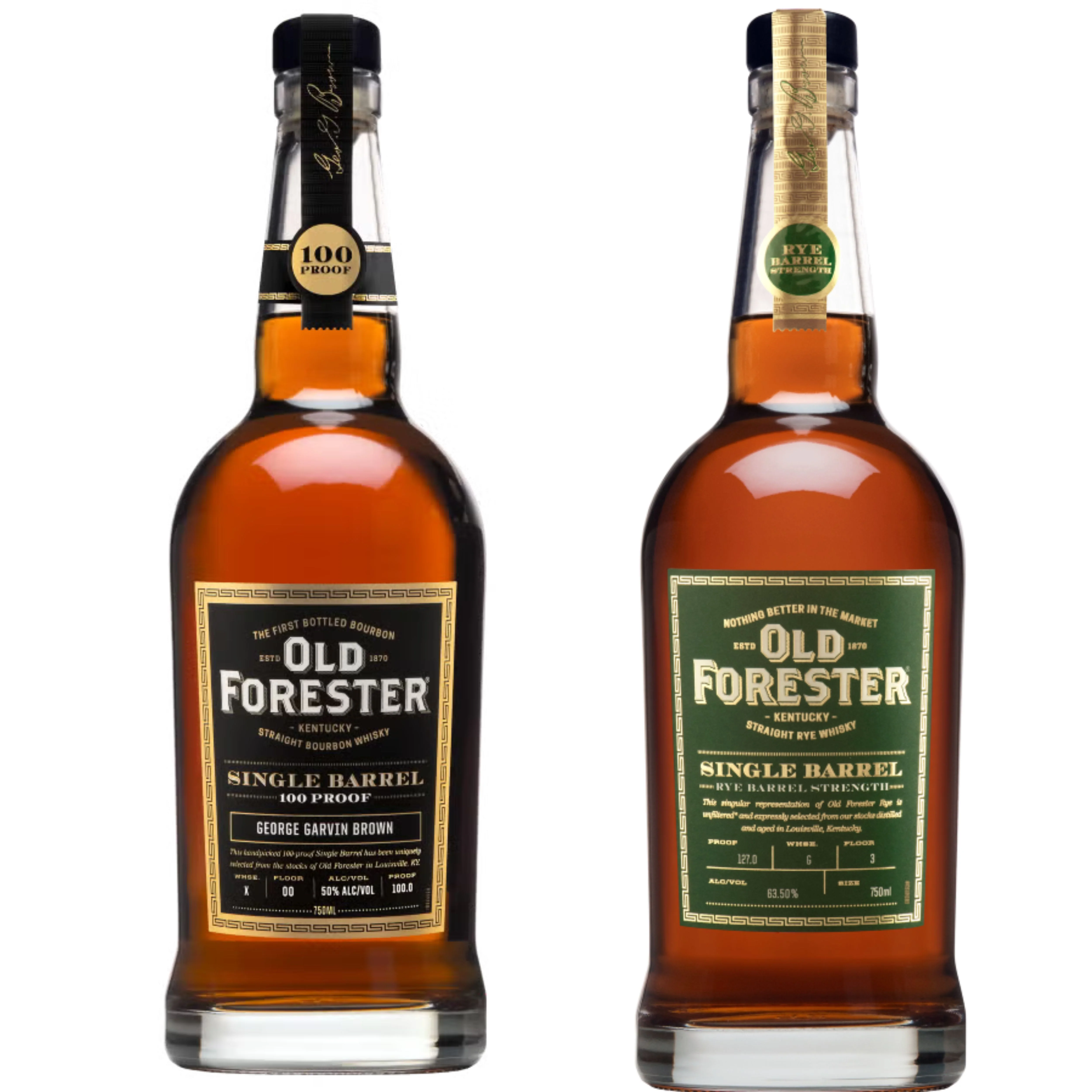 Old Forester Bourbon Single Barrel 100PF + Old Forester Whiskey Rye Single Barrel Strength 750ML