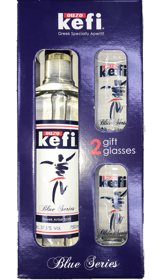 OUZO KEFI BLUE SERIES W/ 2 GLASSES GREECE 750ML