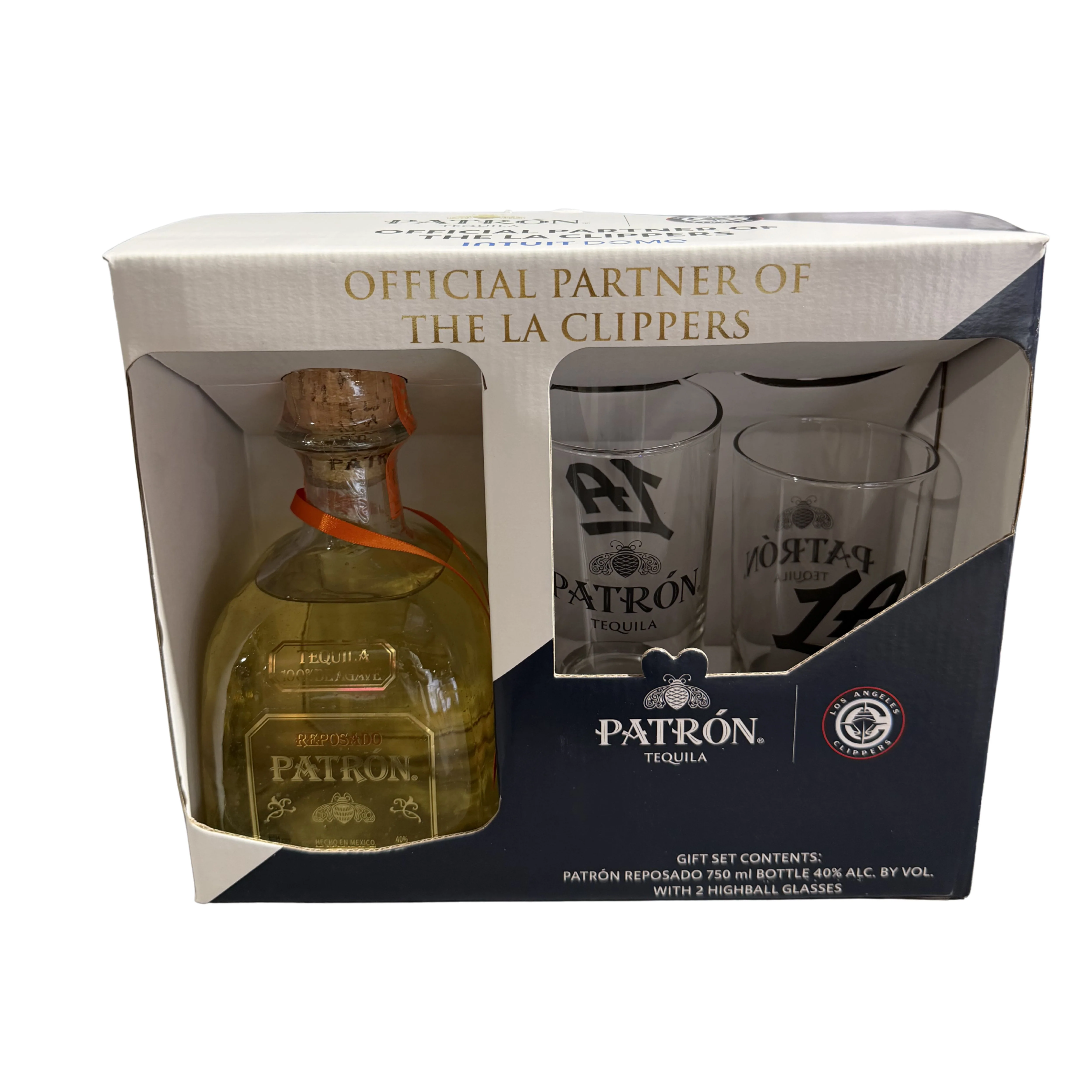 PATRON TEQUILA REPOSADO GIFT PACK W/ 2 LA CLIPPERS GLASSES 750ML