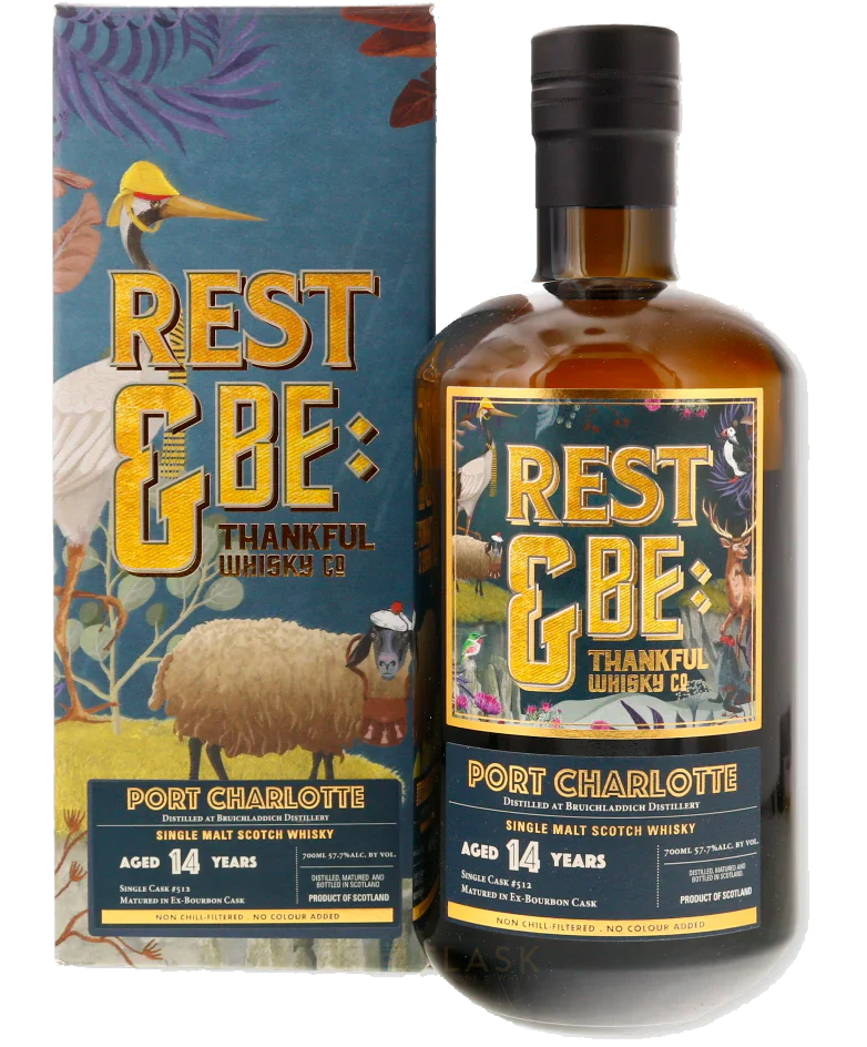 REST & BE THANKFUL SCOTCH SINGLE MALT SINGLE CASK DISTILLED AT BRUICHLADDICH PORT CHARLOTTE 14YR 700ML
