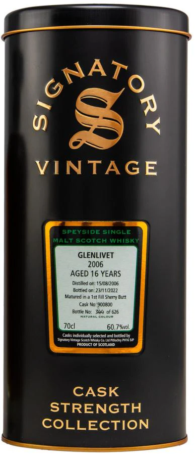 SIGNATORY VINTAGE SCOTCH SINGLE MALT GLENLIVET 1ST FILL SHERRY BUTT CASK STRENGTH COLLECTION 16YR 700ML - Image 2